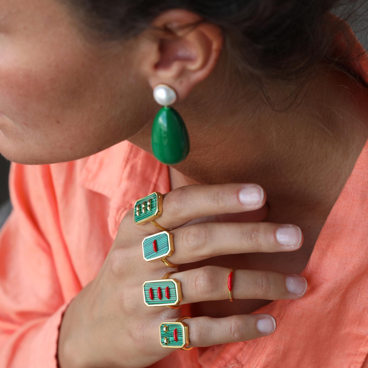 Drop øreringe - Dark green/Pearl